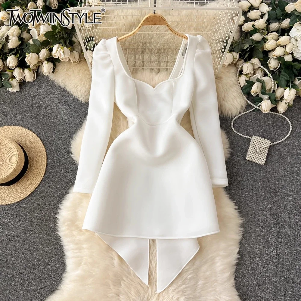 

TWOTWINSTYLE Solid Wedding Dress For Women Square Collar Long Sleeve Backless Temperament Slim Dress Female Fashion KDR521980