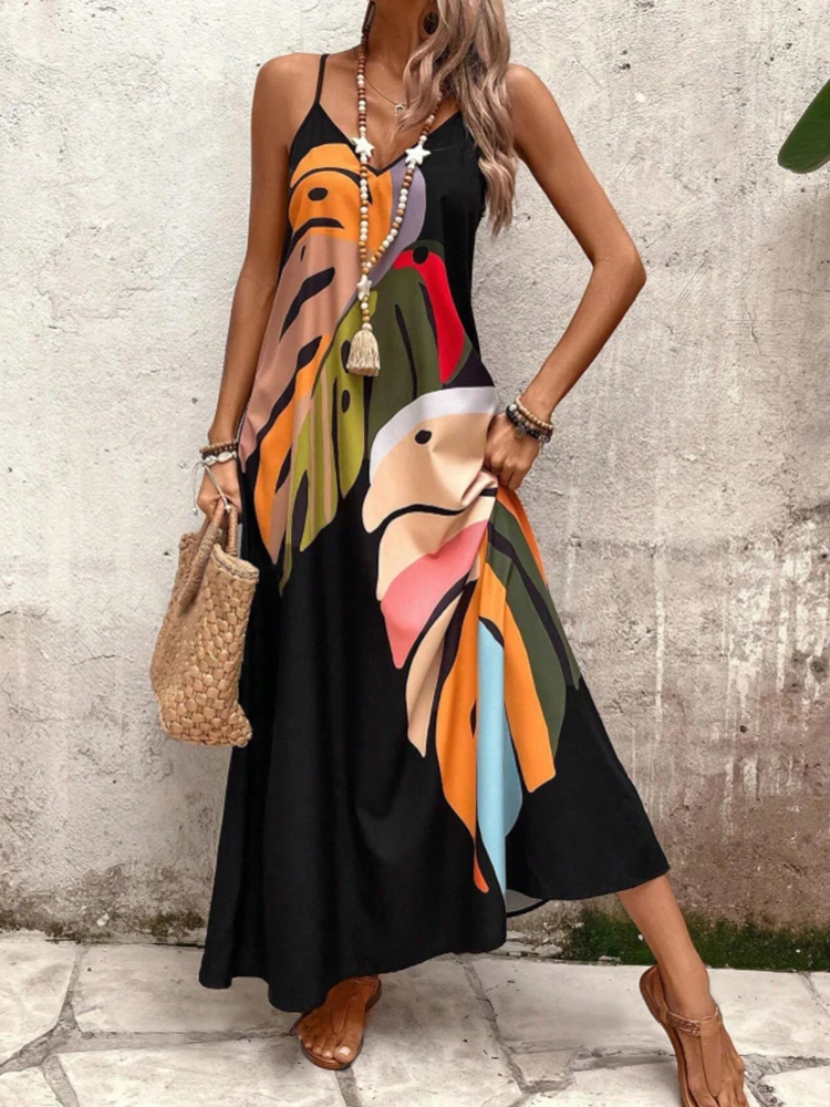 فستان نسائي أنيق كاجوال بكتف رفيع وبندول نسخة فضفاضة تنورة طويلة موضة الصيف فستان مطبوع عليه زهور