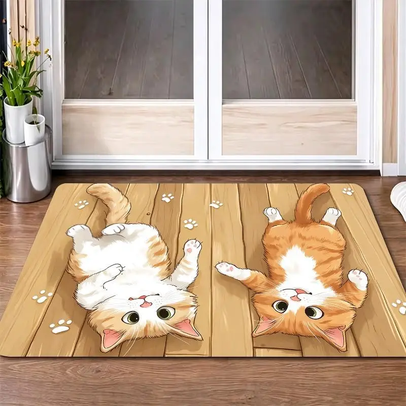 1 Piece Cute Cartoon Ginger Cat & Paw Print Wooden Floor Rug, Soft Plush, Soft Comfortable, All Seasons, Lightweight Easy Care, Home Decor, Living Room, Bedroom, Entryway, Winter, Autumn