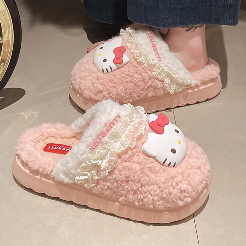 2024 Cotton Slippers Cartoon Melody Hello Kitty Kuromi Cotton Slippers New Women's Winter Warm Cotton Non slip Slippers