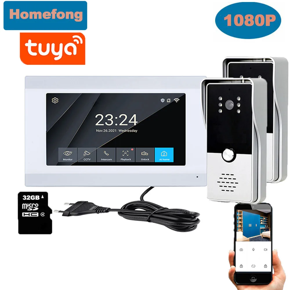 Homefong  1080P Wifi Video Intercom Wireless 7 inch Indoor Monitor Video Door Phone Tuya Smart Mobile Remote Control Unlock Call