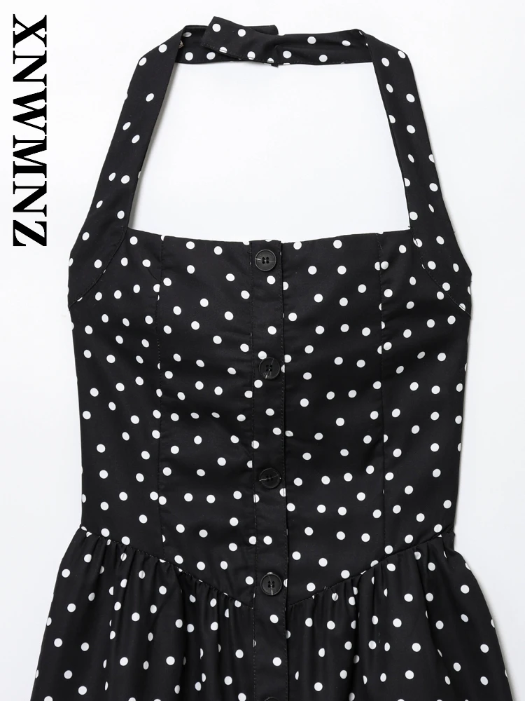 XNWMNZ 2025 Estate Nuova Donna boho Vacanza Spalla Senza Maniche Backless Abiti Donna Sexy Nero Halter Dress Party dot mini