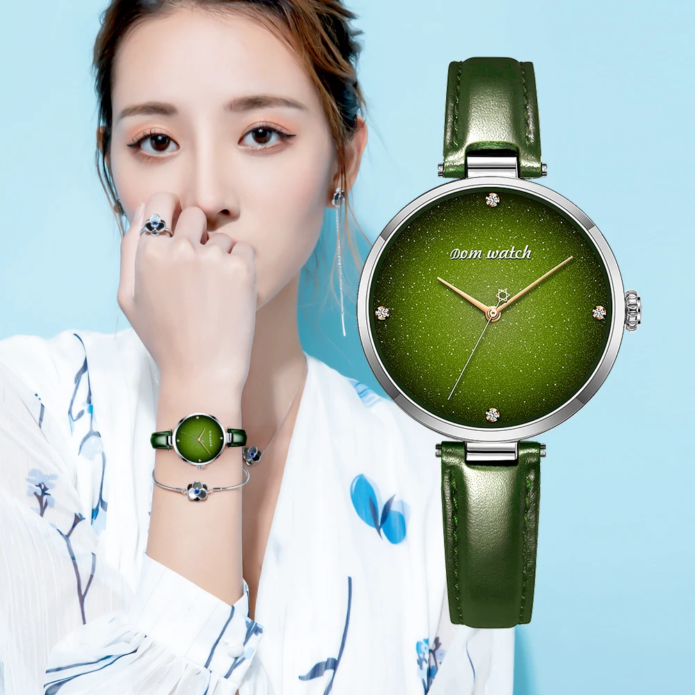 DOM Top Fashion Female Quartz Wrist Elegant Green Women Watches Leather Life Waterproof Clock Girl Pattern Watch G-1292