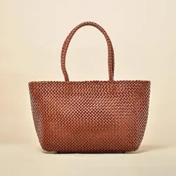 Vintage Women Real Leather Handbag Handmade Woven Totes Female Cowhide Brown Coffee Black Big Holiday Bag Beach Handbags