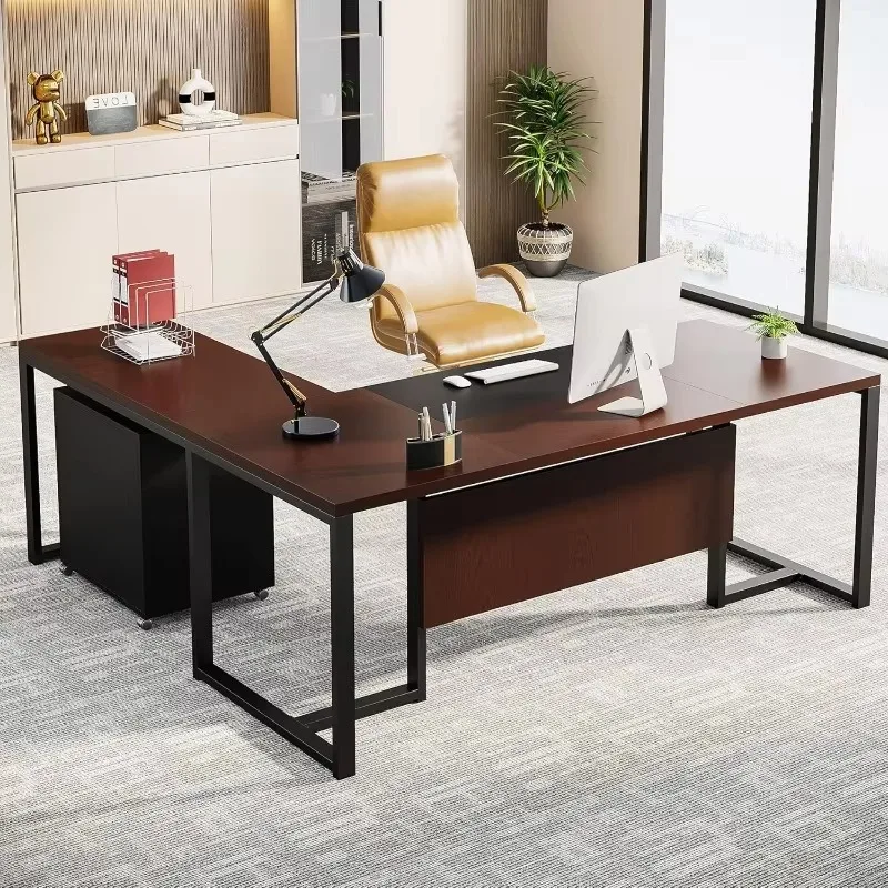 

70.8-Inch Executive Desk with File Cabinet, Large L Shaped Desk with Drawer Cabinet, Dark Walnut & Black