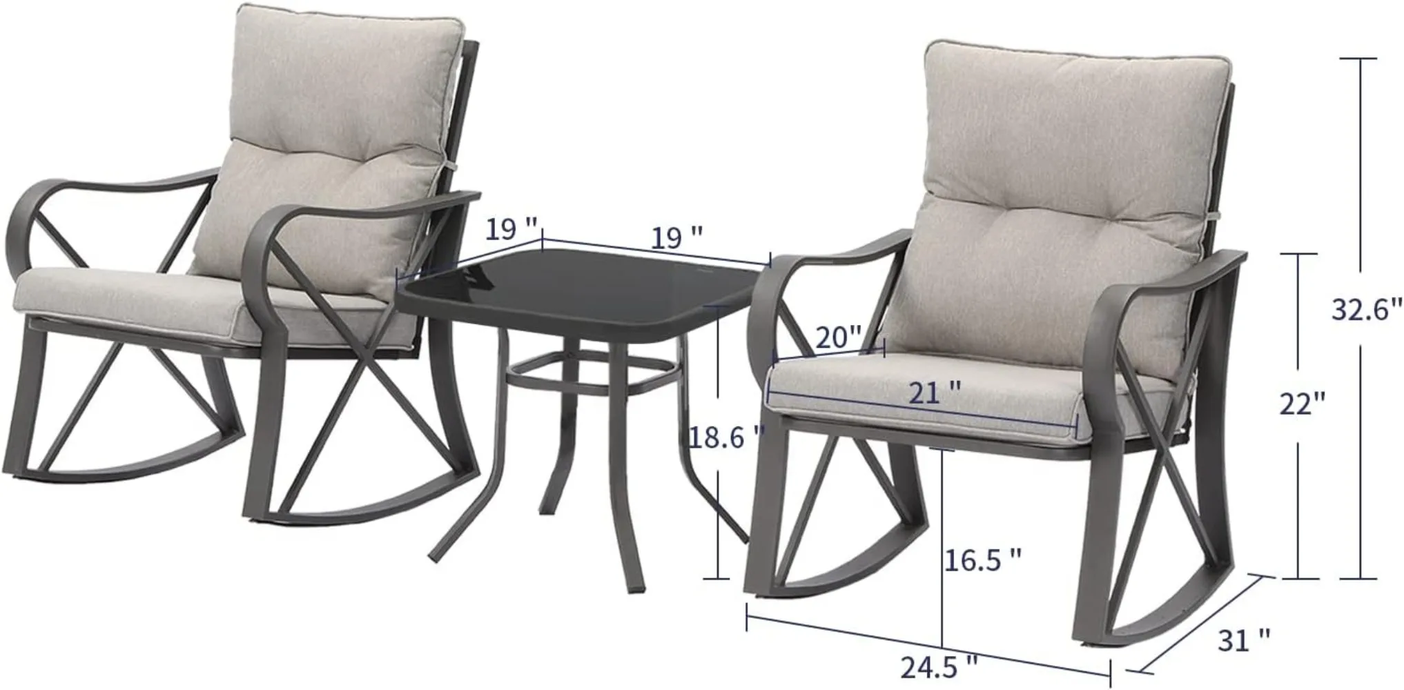 Outdoor 3-Piece Rocking Bistro Set, Modern Patio Furniture Set w Warm Gray Cushion, Glass Coffee Table, Small Rocker