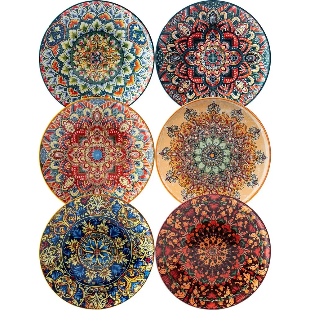 

Small Dinner Plate Set of 6-8.5 Inch Ceramic Dessert Salad Plate, Microwave, Oven and Dishwasher Safe, Colorful Bohemian Style D