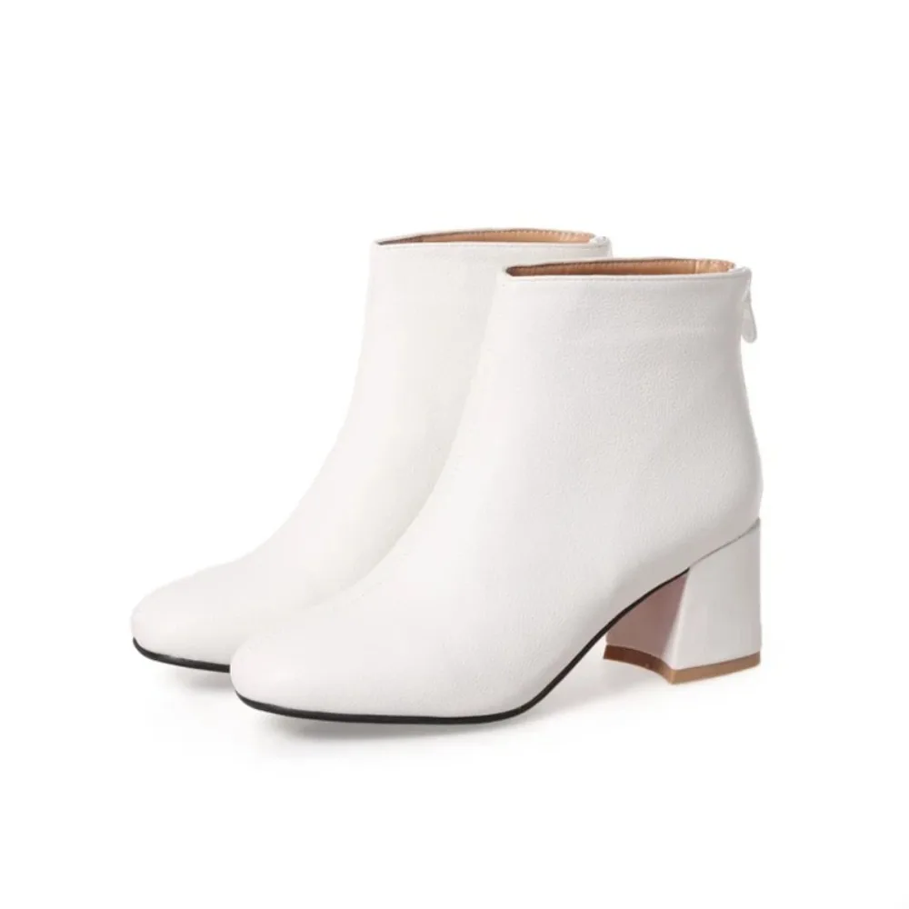 Autumn Winter Thick High Heels Zipper Sexy Womens Boots Feminina SquareToe Faux Leather White Ankle Boot Big size 32-46 17-24