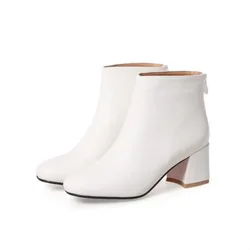 Autumn Winter Thick High Heels Zipper Sexy Womens Boots Feminina SquareToe Faux Leather White Ankle Boot Big size 32-46 17-24