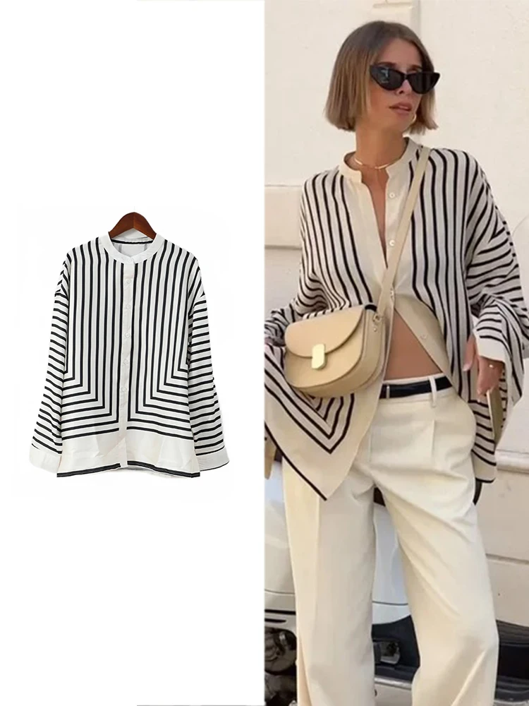 TRAF Women's Color-Collision Striped Printed Split Sleeve Top Fashion Casual Silk Single Ribbon Shirt Elegant Commuter Loose Top