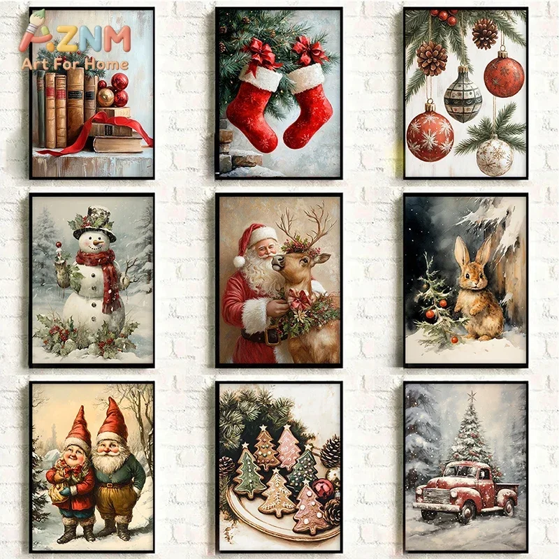AZNM Frameless Canvas Wall Art, Vintage Christmas Santa Gnome Snowman Bunny Red Truck Print Poster, Retro Winter Holiday Ornamen