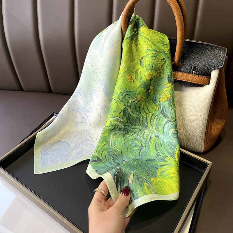 

New Spring Summer Bright Green Sky Field Oil Painting 100% Mulberry Silk Ladies Neck Scarf Shawl 70cm Thin Elegant Handkerchief