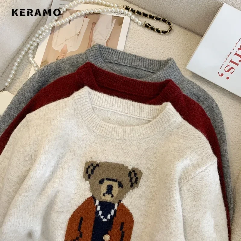 Sweet Casual Knitting Long Sleeve Y2K Pullovers 2024 Winter Korean Fashion Women Cartoon Appliques Jumpers O-Neck Ladies Sweater