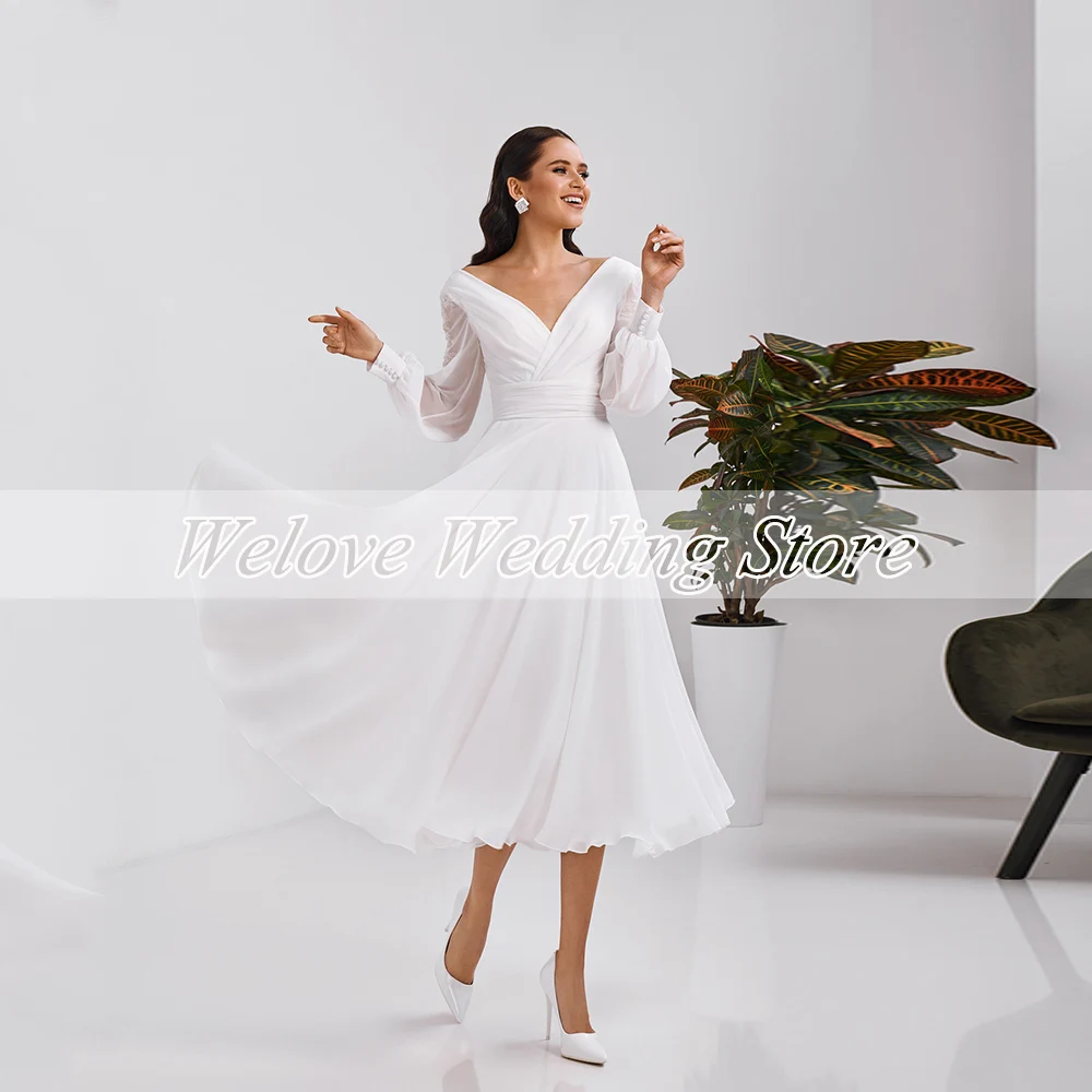 Sommer Chiffon Hochzeit Kleid Für Braut Puff Ärmeln V Neck Einfache Mono Brautkleid Tee Länge EINE Linie Nach Свадебное платье