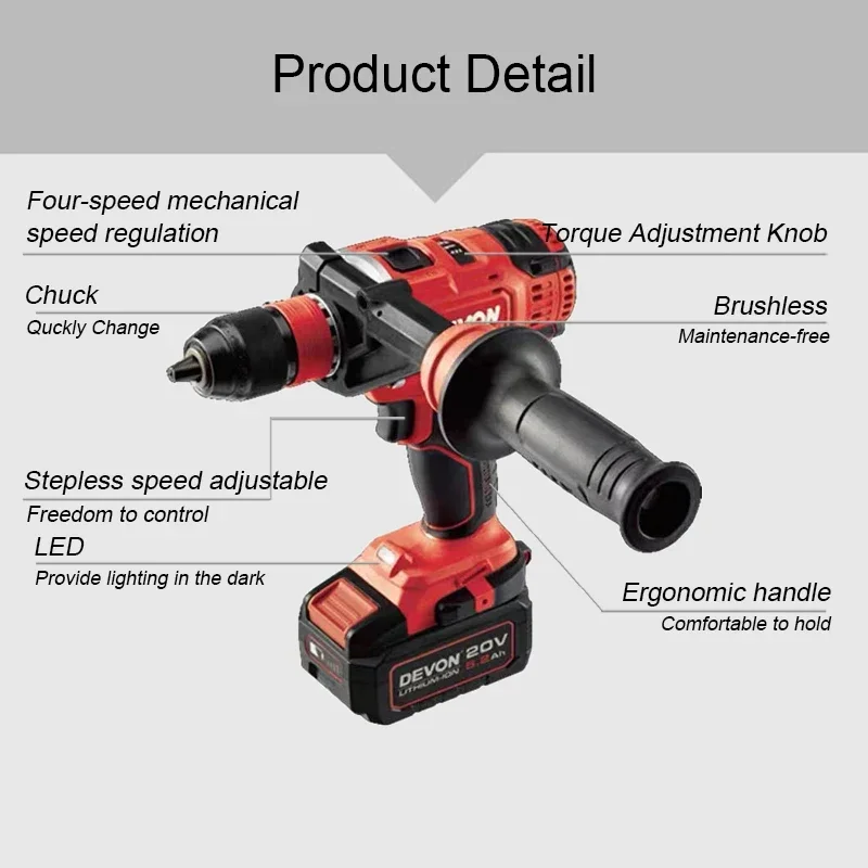 Devon Heavy Duty 5289 Wireless Electric Drill Brushless Industrial 20v Max120Nm 4200rpm 4 Speed Adjustable Share Flex Battery