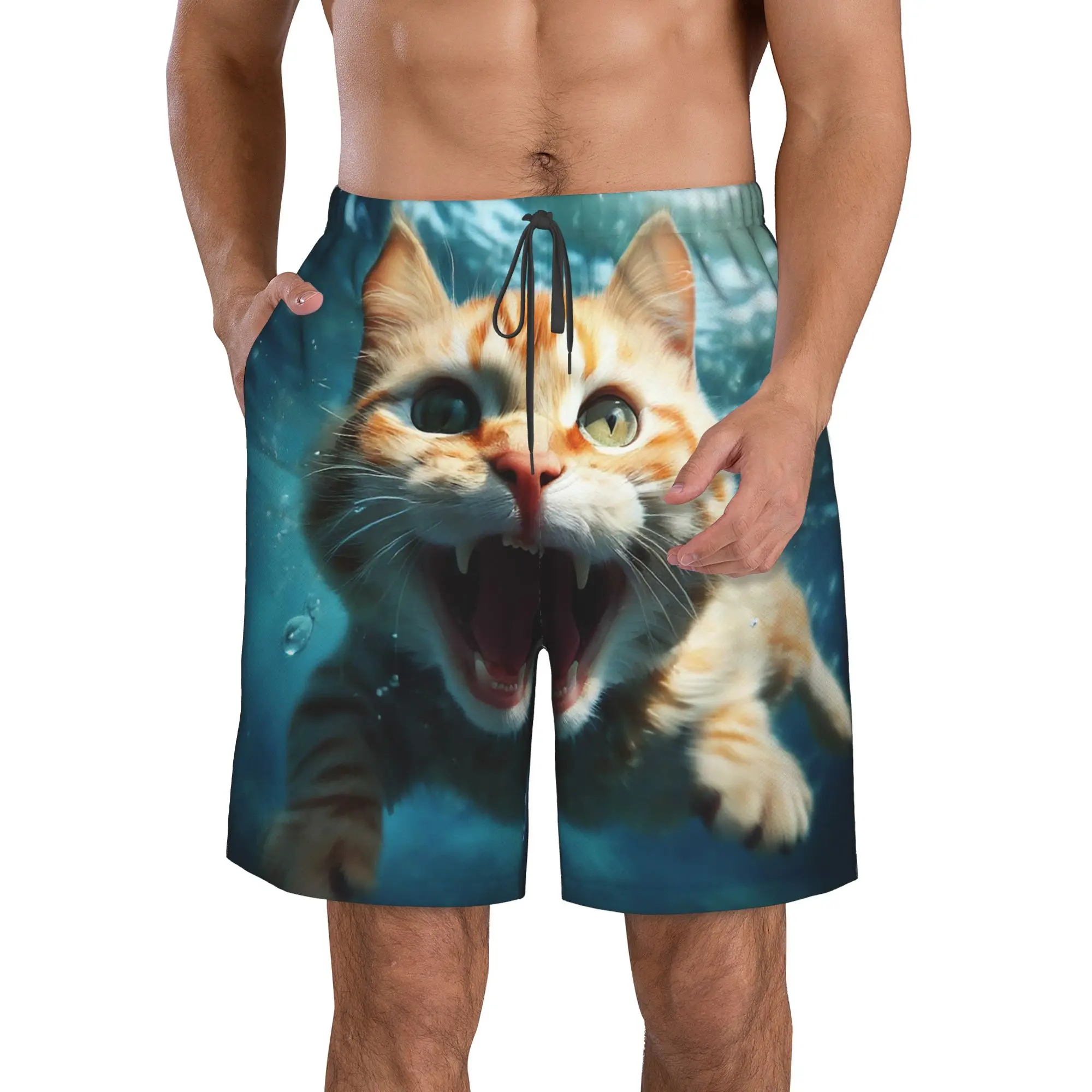 Orange Cat Swimming In The Water Trunks Beach Board Shorts Casual Quick Dry Swim Summer Men Pants