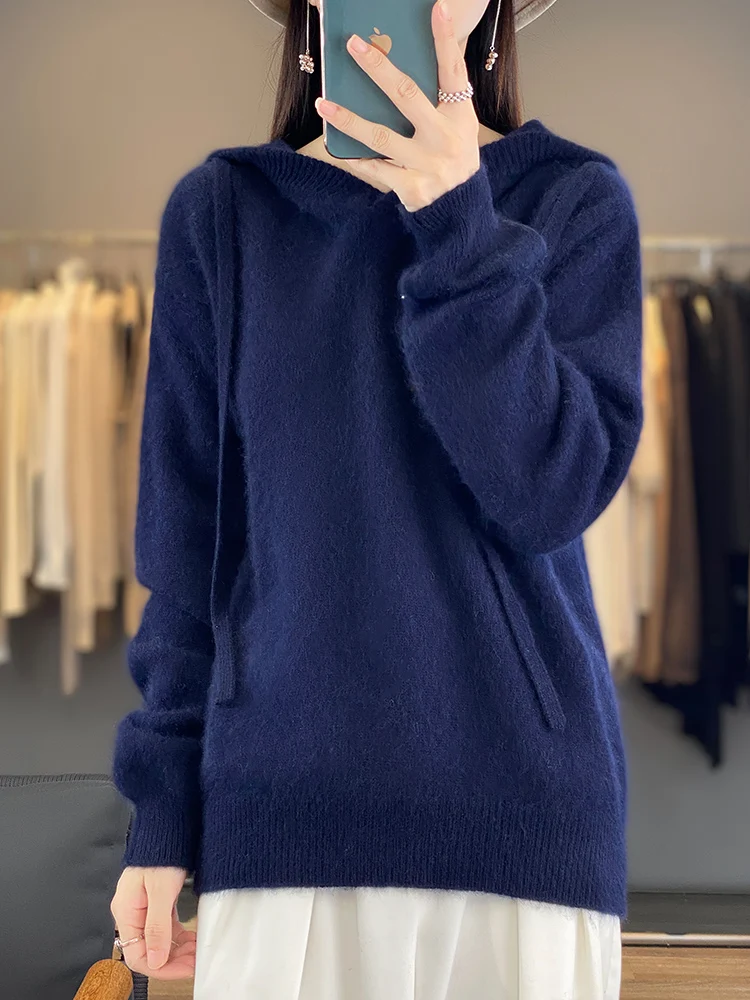 Pull à capuche en laine mérinos pour femme, pull à manches longues, manteau en cachemire, mode coréenne, décontracté, automne, hiver, optique, 100%