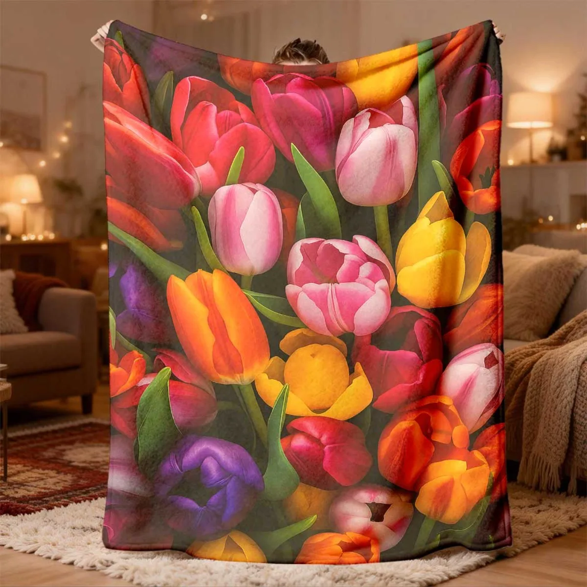 Vibrant Tulip Floral Pattern Throw Blanket 150x200cm Cozy Spring Decor Home Couch Sofa Gift Warm Bed Blanket