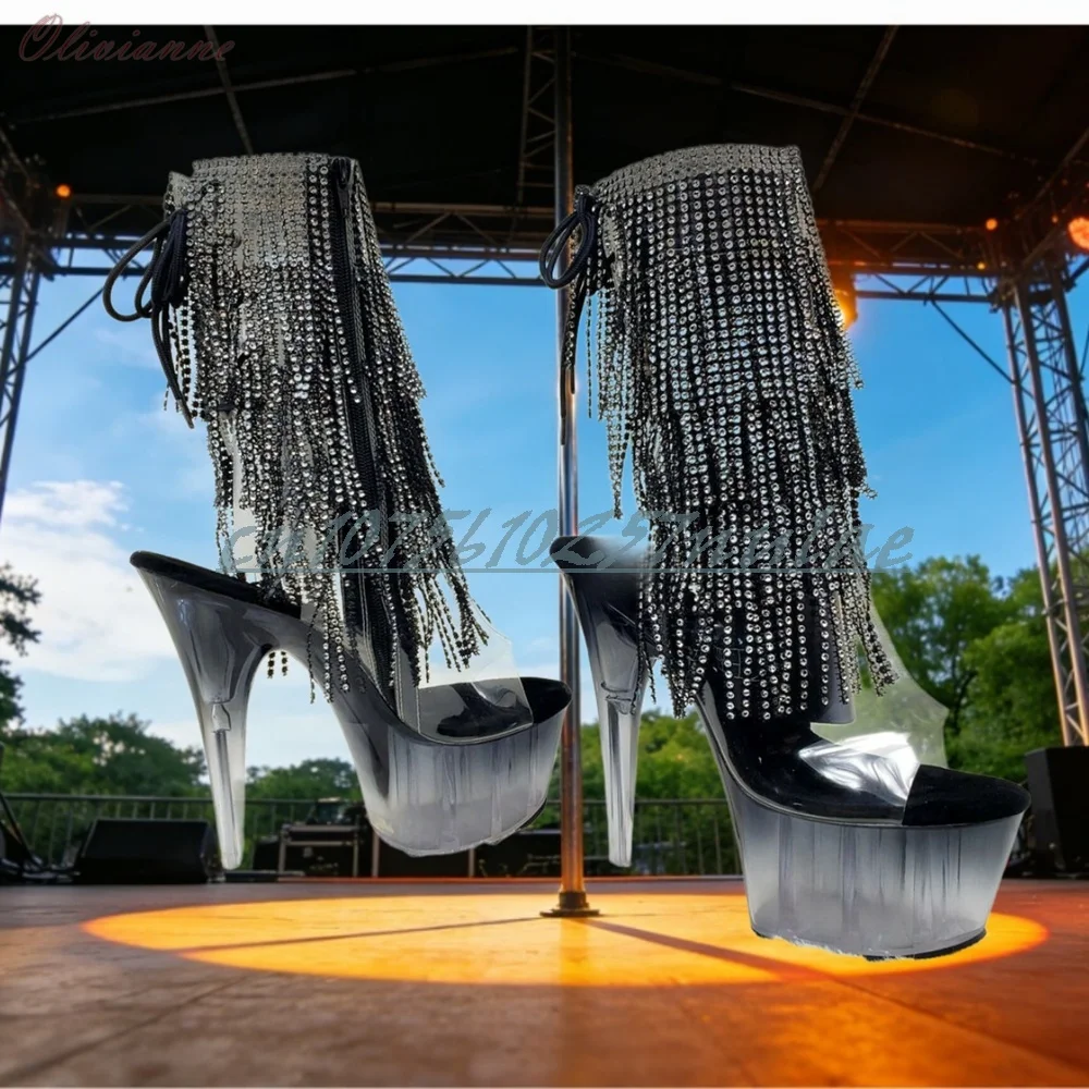 

Glitter Crystals Tassels Decor Peep Toe Sandal Boots Hollow Platform Stiletto High Heel Performance Stage Sexy Women Dance Shoes