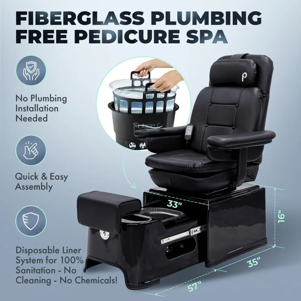 PS92 Fiberglass Plumbing Free Pedicure Spa Featuring The Footsie Bath Tub with Disposable Liners, Swivel Chair That Reclines