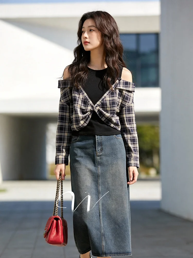 

Весенний новый модный комплект для женщин больших размеров: джинсовая юбка с высокой талией, топ с открытыми плечами и длинными рукавами, брюки с широкими штанинами.