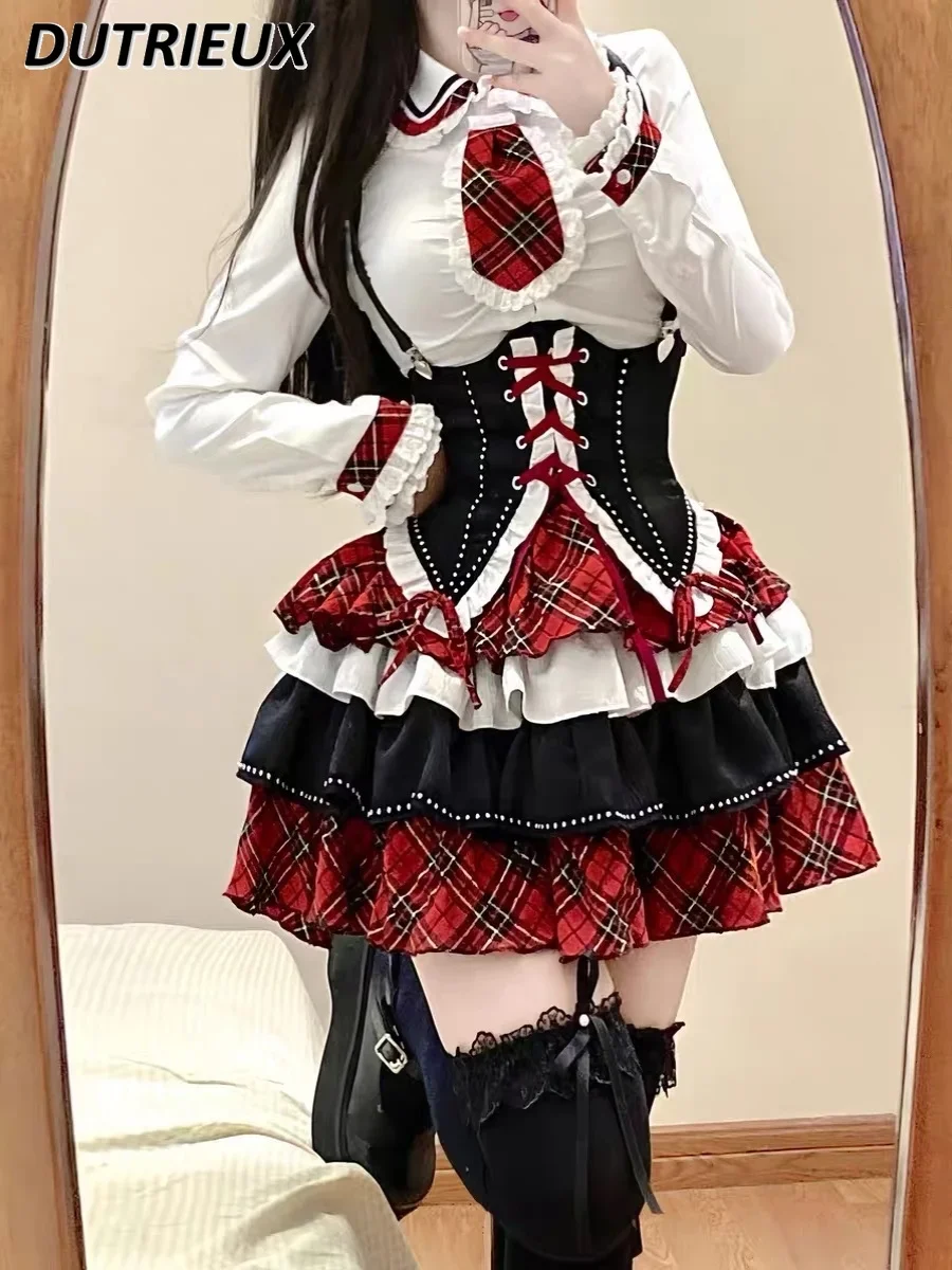 Sweet Lolita-Jupe courte bouffante à taille haute et manches longues, plaid