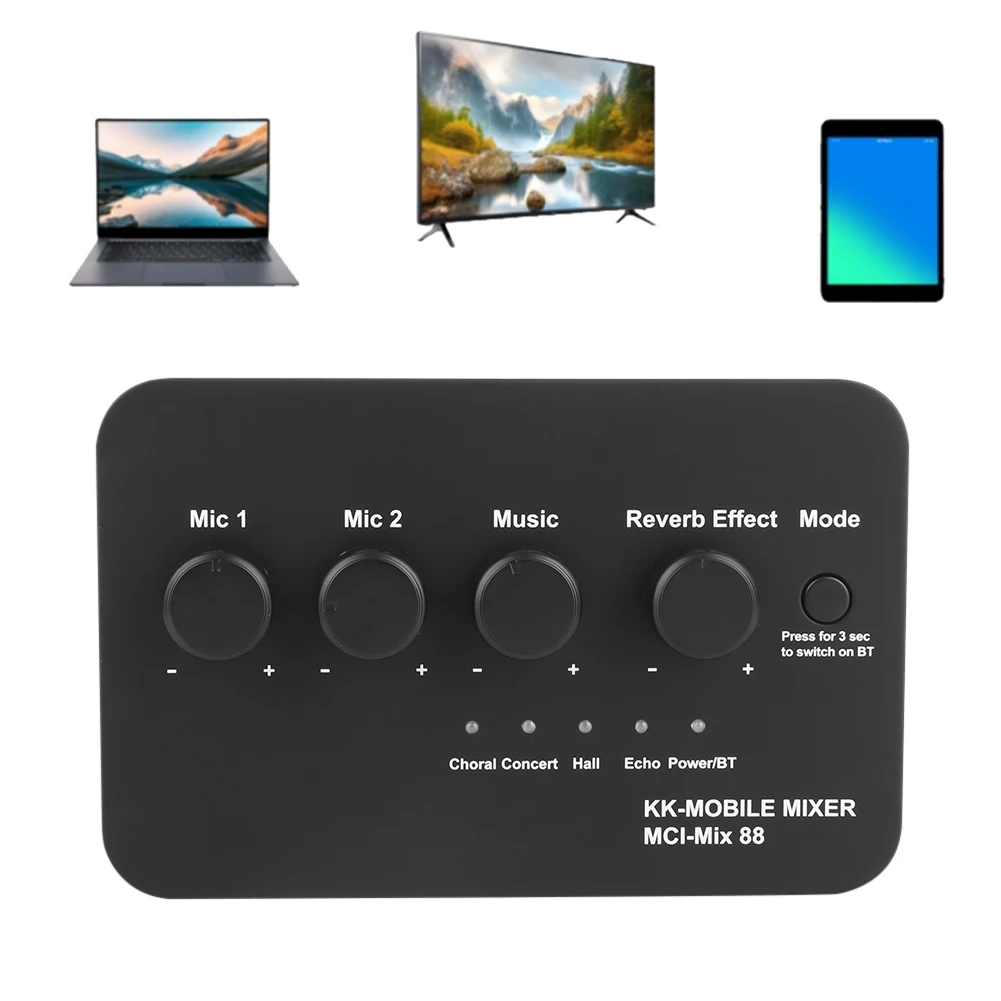 Tragbarer Karaoke-Mikrofonmischer, 3,5 mm AUX, BT-Verbindung, zwei Mikrofoneingänge, digitaler Audiomixer für DJ-Sound, Zuhause, Party und Theater