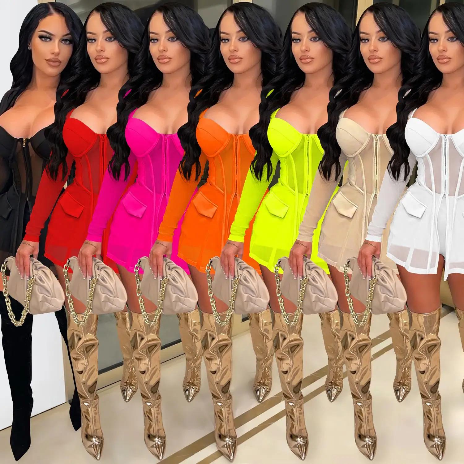 Fashionable  Color Women's Mesh See-through Wrap Chest Long Sleeve Shorts Two-piece Set Sexy Style Four-season Suitable