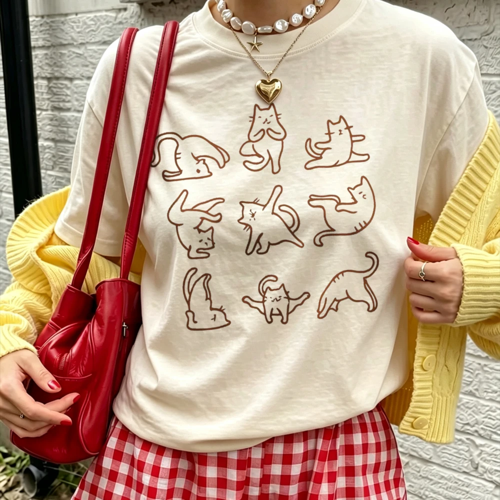 Minimalist Line Drawing Multiple Cat Poses T Shirt Women Simple Sketch Kitten Grid Graphic Casual Loose Cotton Pet Lover Blouse
