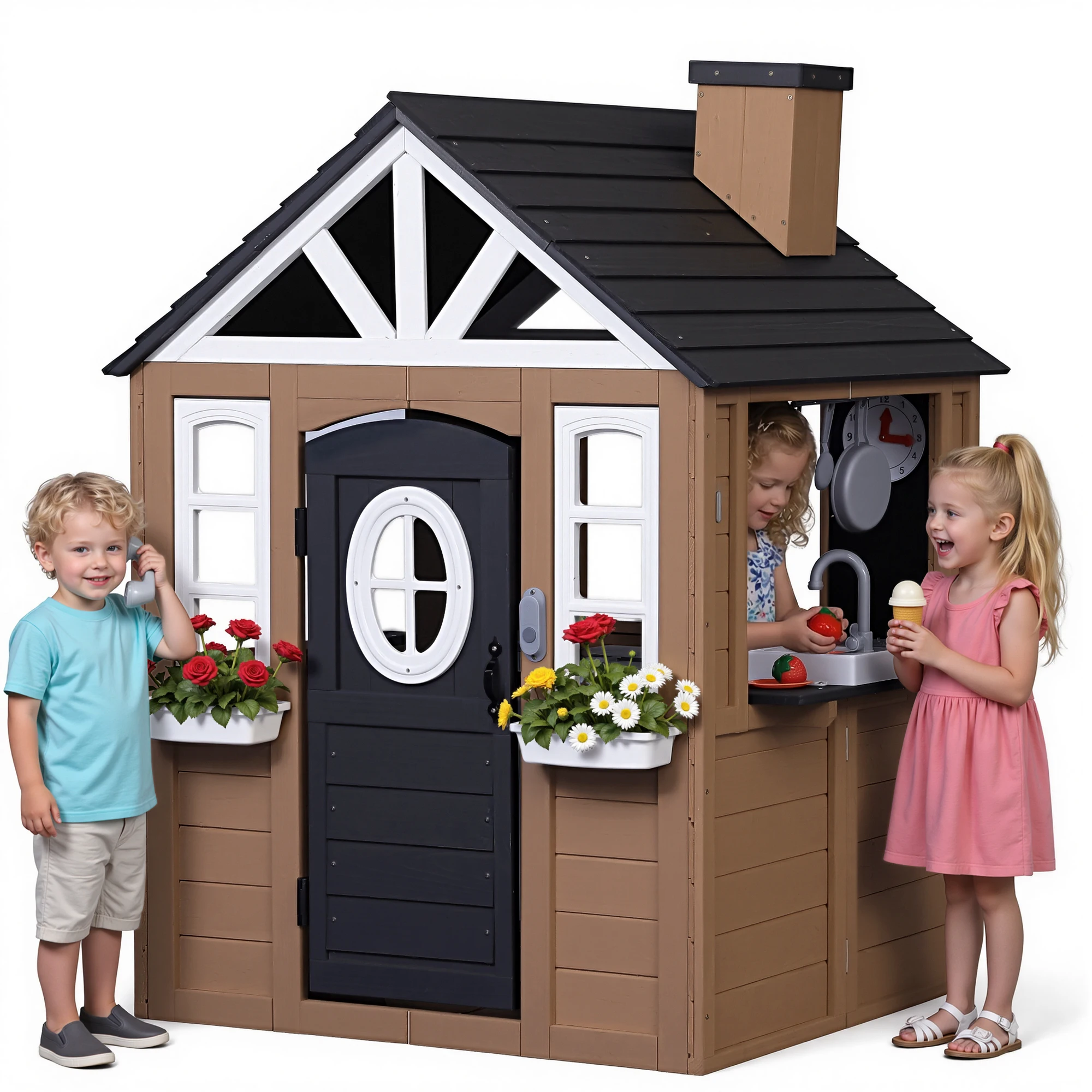 Kids Outdoor House With Kitchen - Kids Wooden Playhouse Outdoor Indoor Pretend