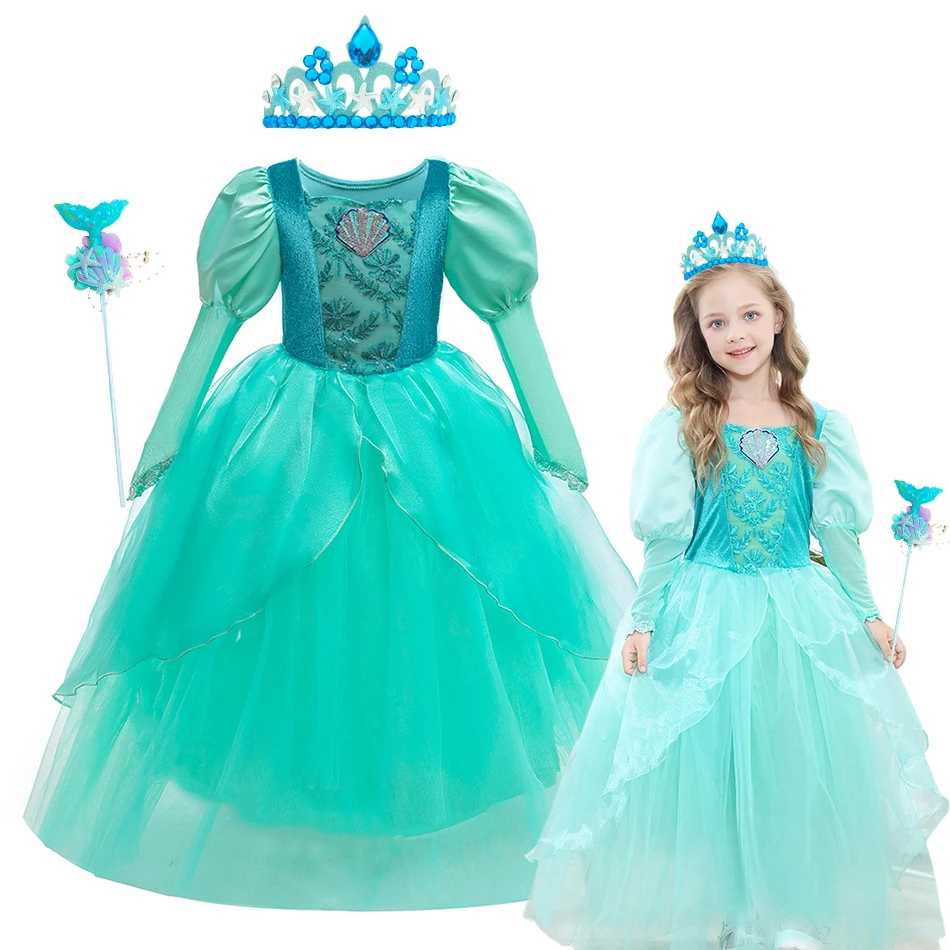 Mermaid Costume for Girl Ariel Green Long Sleeve Dress Kids Fish Beauty Birthday Party Halloween Princess Ball Gown