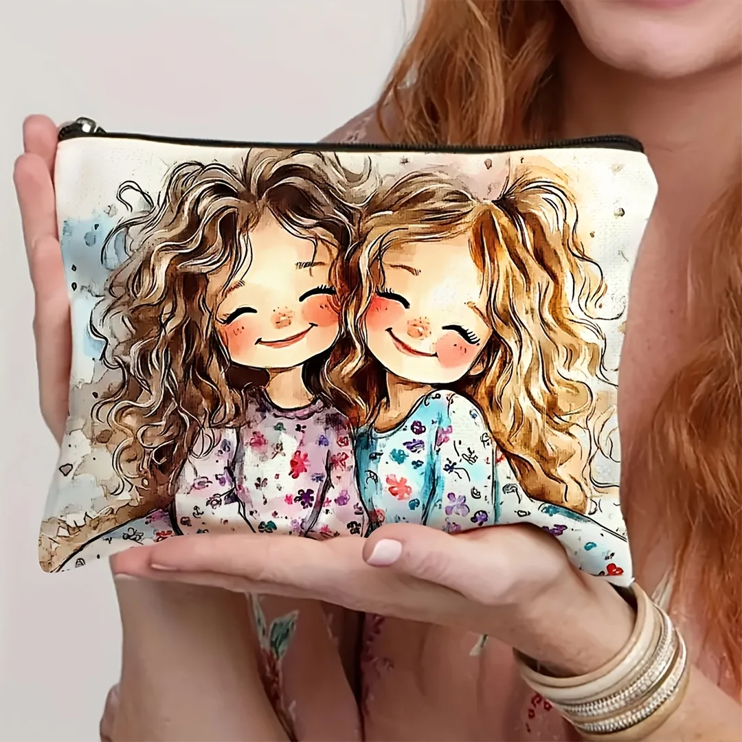 1pc Cute Girls' Makeup Bag - Portable Linen Cosmetic Pouch | Vibrant Cartoon Design, Travel, Vacation, Business