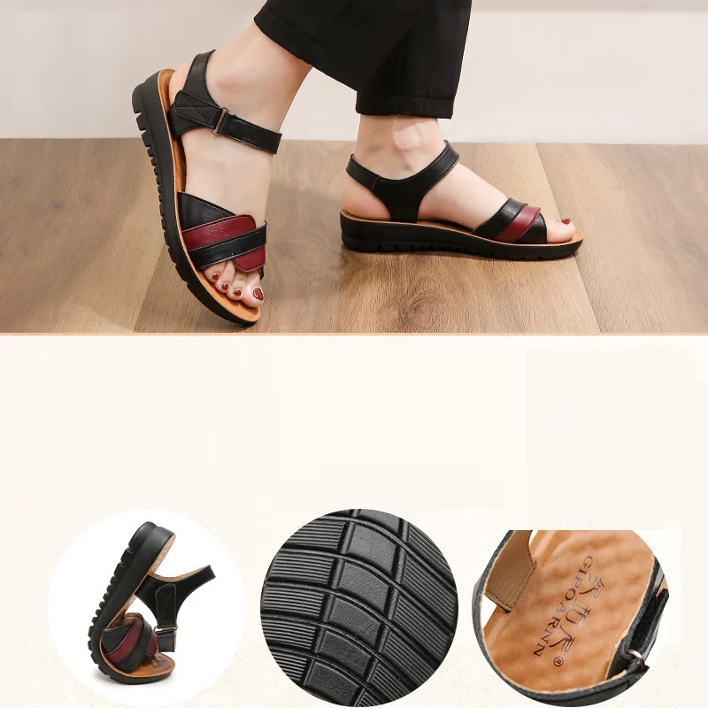 Summer Beach Shoes Ladies Fashion Leather Flat Sandals Women Casual Comfortable Black Sandals elderly Soft bottom sandals