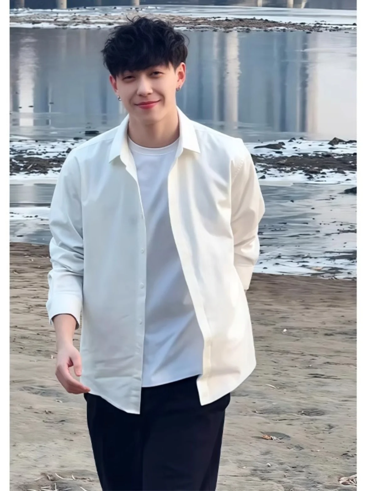 

Cleanfit White Long Sve irt for Men Spring Season Youthful Boyfriend Sle Outerwear Stand Fit Iron-Free arp Point ...