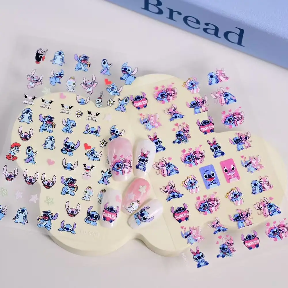 

2 листа наклейки для ногтей Stitch & Angel 5D Kawaii Disney розовый ангел + синий стежок самоклеящаяся наклейка для ногтей DIY детская наклейка для ногтей