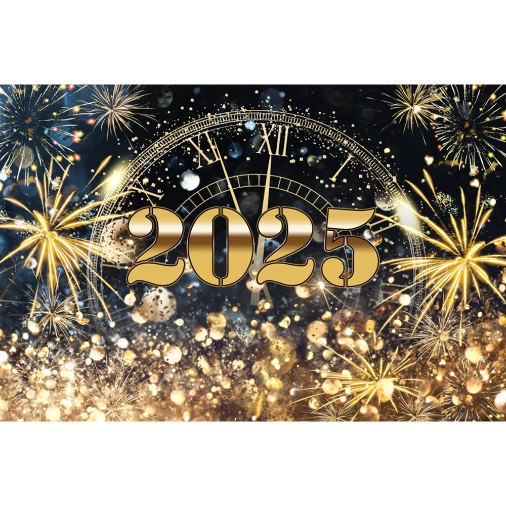 Happy New Year Background for Photography Fireworks Bokeh Glass Champagne 2025 New Years Eve Family Party Decor Banner Backdro