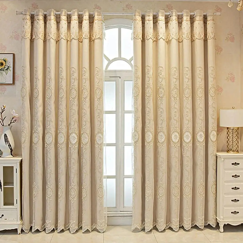 1 Panel 132cm Width European Double Layer Curtain with Valance for Living Room Bedroom 3D Flower Embroidered Luxury Curtain