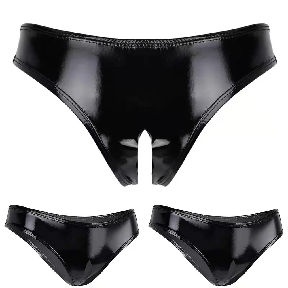 Womens Wet PVC Open Crotch Briefs Sexy Lingerie Crotchless Panties Party Clubwear Costume High Cut Mini G-string Culbwear A50