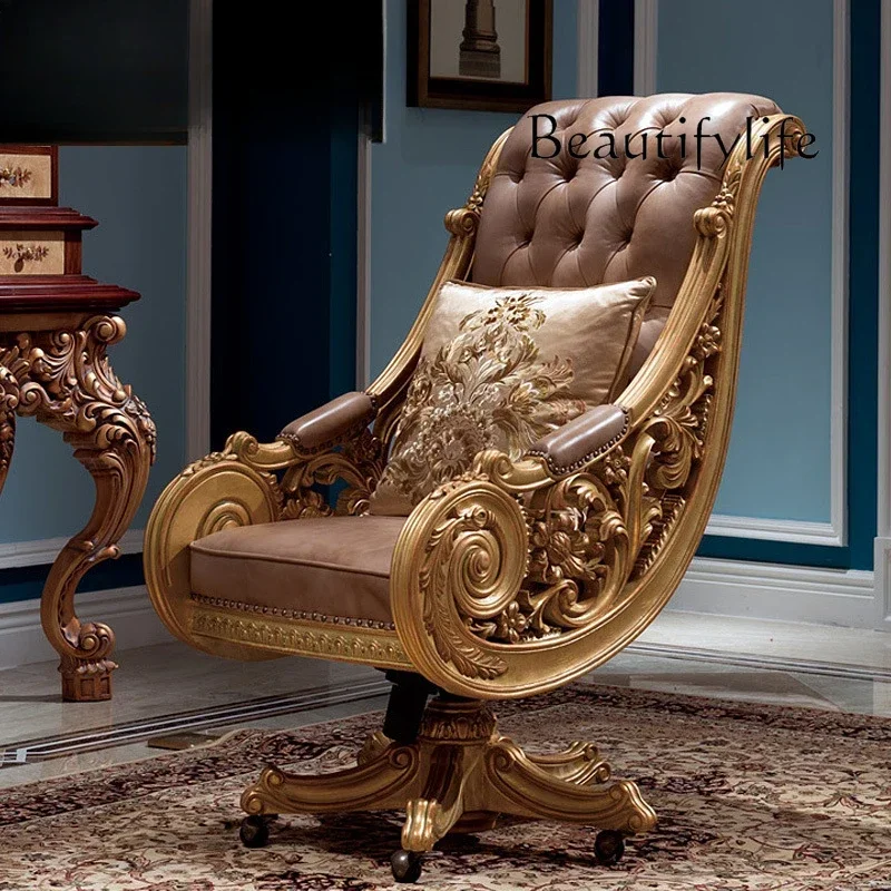 

European-style carved leather office chair luxury villa gold foil swivel chair French luxury neoclassical