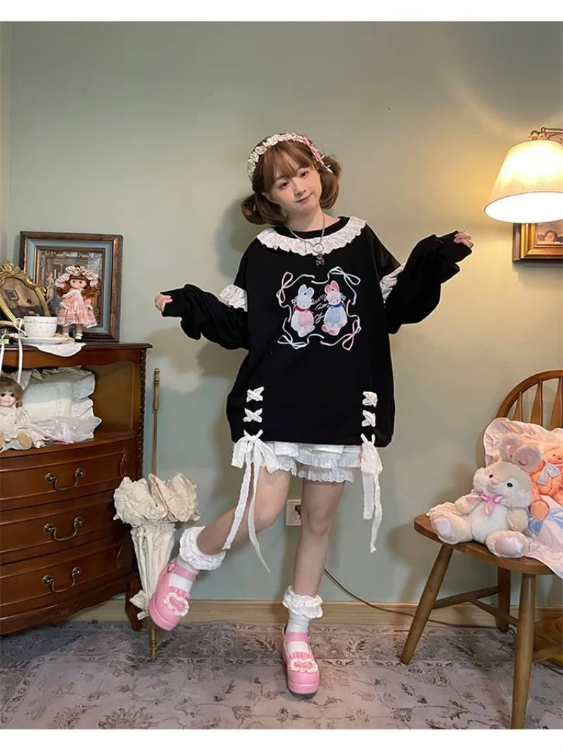 مكتب سيدة مودا اليابان س الرقبة المرقعة الدانتيل تصميم البلوفرات فضفاضة Y2k الجمالية الصليب الدانتيل يصل بلايز عادية فاسق فتاة الملابس #6