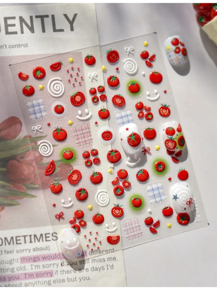 1 pièces 5D Adorable juteux tomate Nail Art autocollant dessin animé gelée Tomatos fruits arc étoile auto-adhésif décalcomanie mignon manucure décoration