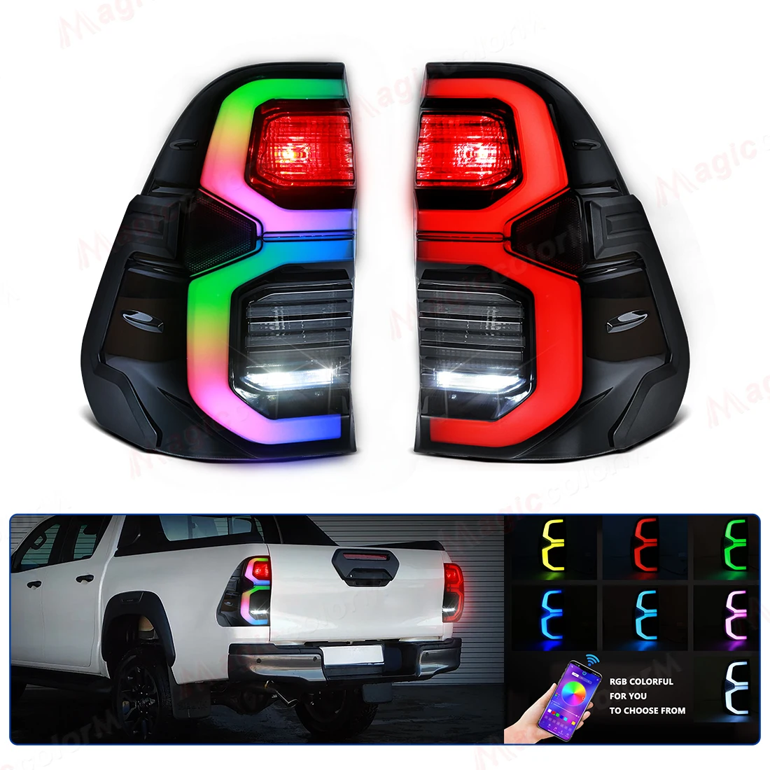 RGB APP التحكم مصابيح خلفية السيارة لتويوتا هايلكس ريفو 2015 2016 2017 - 2022 2023 2024 الفرامل الخلفية القيادة عكس المصابيح الخلفية للسيارة #1