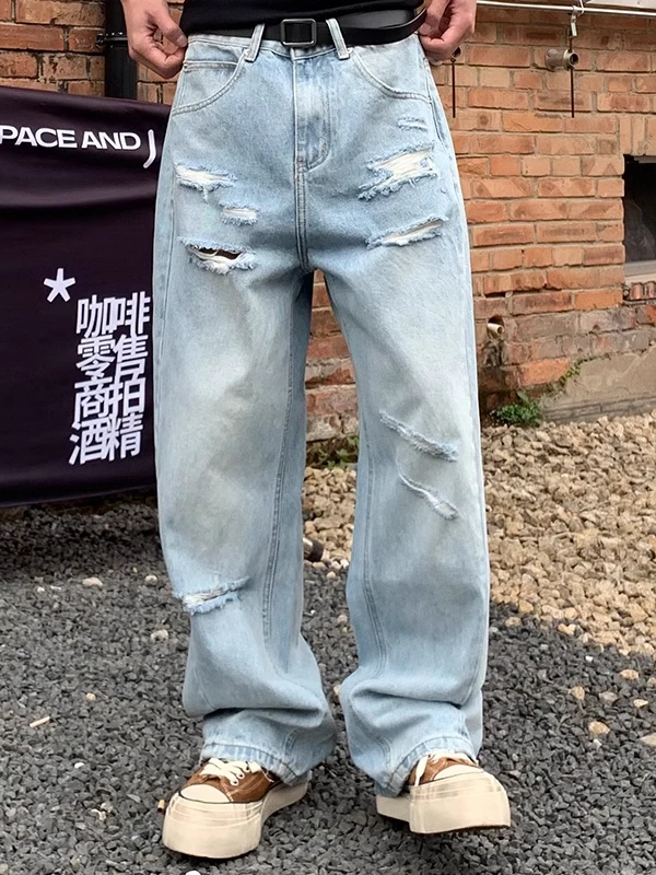 

Мужские джинсы большого размера, повседневные, свободного прямого кроя, длинные брюки, летние, из выцветшего денима, для пар
