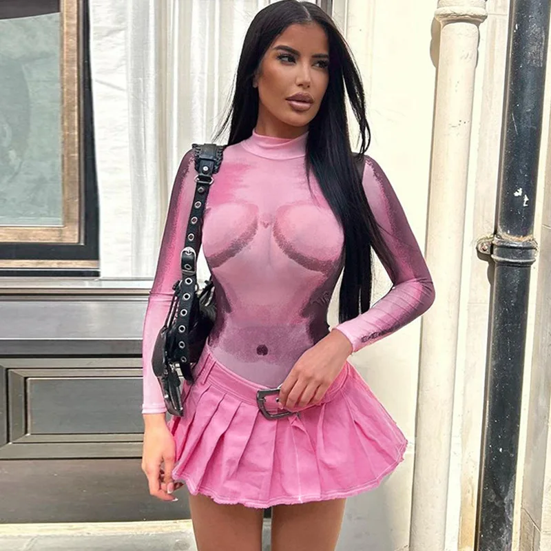 WeiYao-Body imprimé 3D pour femmes, tissu en maille sexy, manches longues, voir à travers des hauts moulants, vêtements pour femmes, club de fête