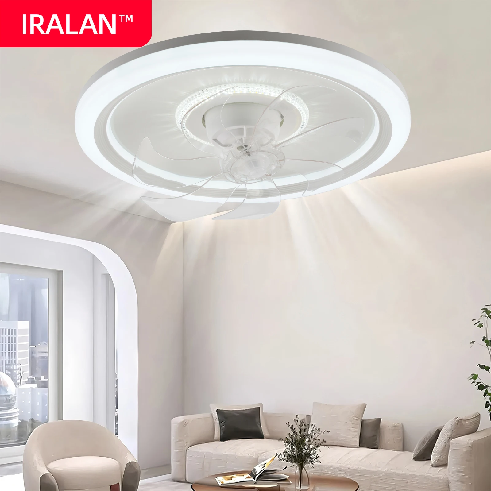 IRALAN Smart Electric Fan with Light White 360° Rotation Ceiling Fan with Lighting and Remote Control 220V Household Fixture