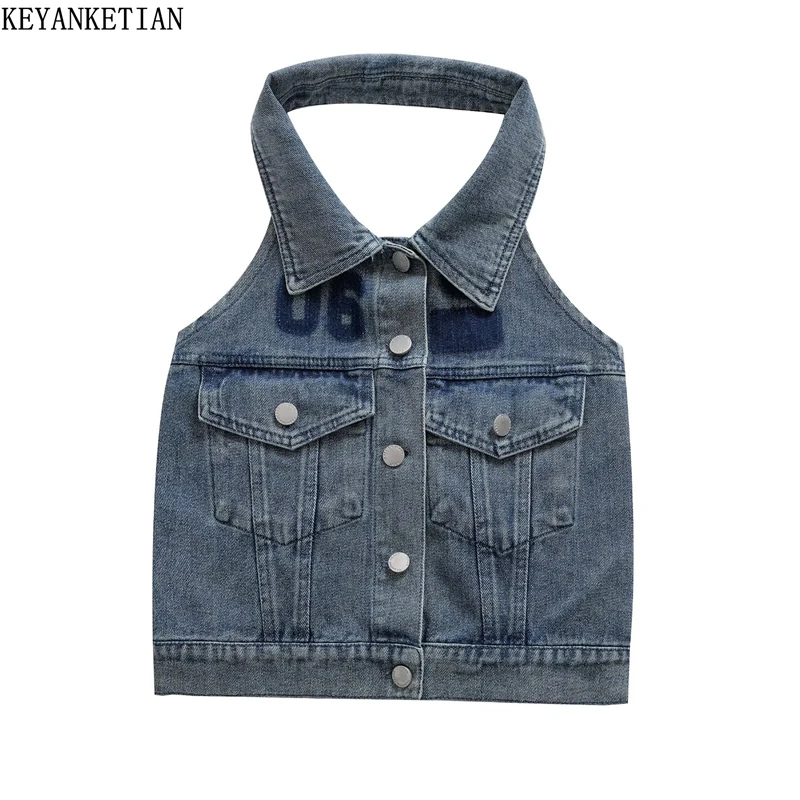 KEYANKETIAN Summer New Women's Letter Print Halter Denim Vest Y2K Single Breasted Double Pockets Slim Backless Camisole Crop Top