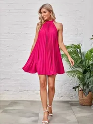 Bowknot Leace-up Halter Neck Mini Dresses Women Fashion Temperament Solid Color Loose Folds Sleeveless Dress Pleated Vestidos
