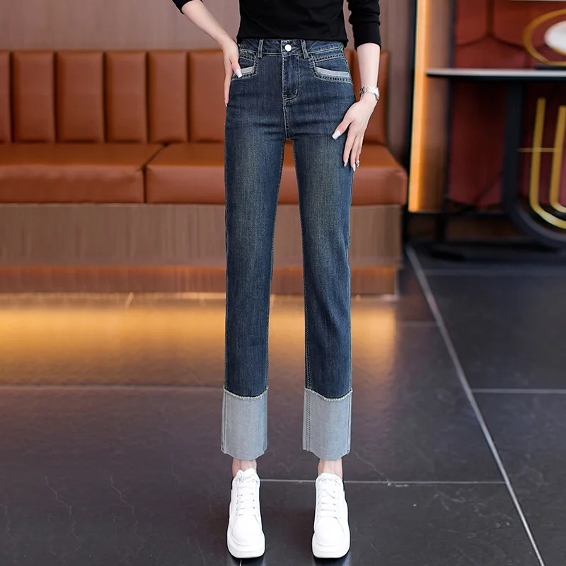 جينز مستقيم الساق للنساء، للربيع والخريف، خصر عالي، تنحيف، متعدد الاستخدامات، تسع نقاط، صغير الحجم، سروال أسود