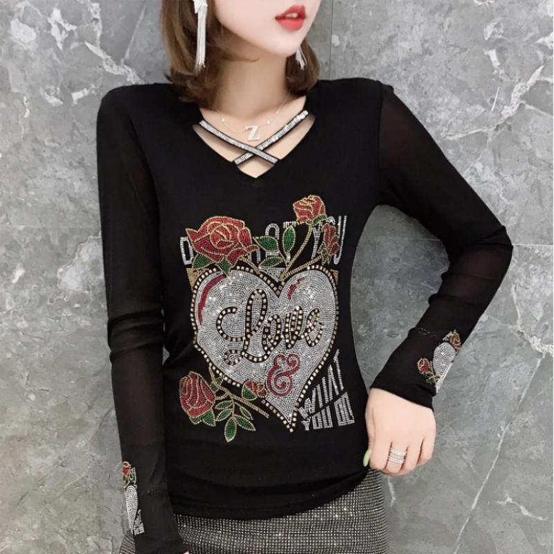 Autumn 2024 New Diamond-Encrusted Mesh Long-Sleeved Fashionable All-Match Base Shirt Women's Lace Beautiful Back T-shirt Top