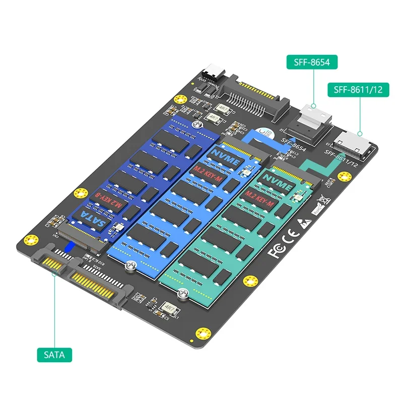 Adaptador ssd 3 em 1 chave m.2 sata b para sata3.0 + nvme para SFF-8611/12 + nvme para SFF-8654 com alimentação sata/USB-C para 2230-2280 m2 ssd